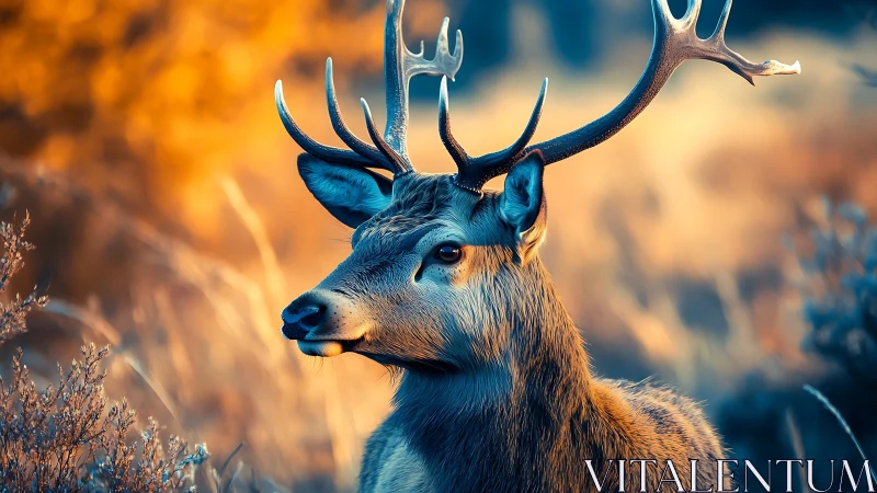 Male deer with antlers in warm and cool toned habitat.