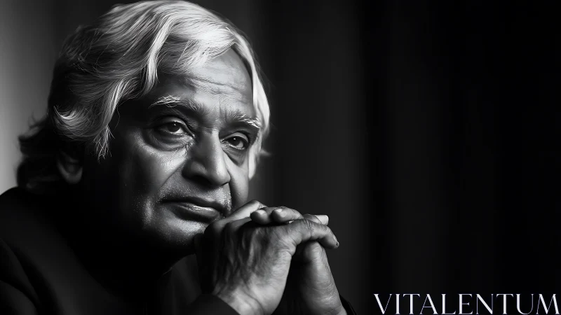 Elderly man in reflective monochrome portrait pose.