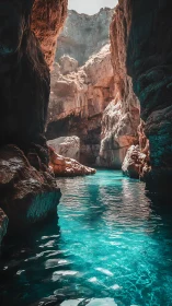 Turquoise canyon pool beneath towering sunlit cliffs.