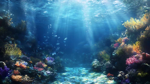 Radiant coral reef canyon under volumetric subsurface daylight scattering