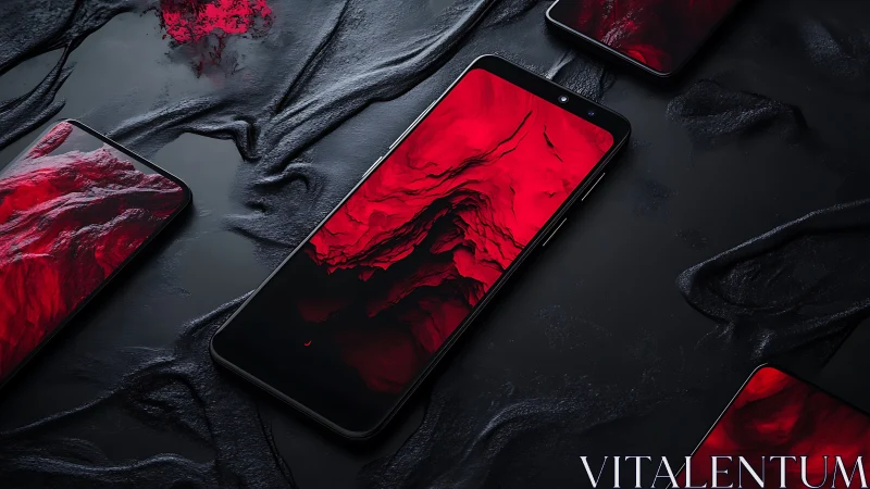 Black smartphones display vivid red abstract fluid textures.