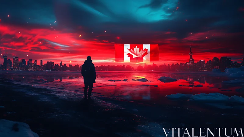 Solitary figure facing neon red Canadian skyline and flag