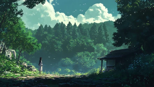 Solitary figure near small wooden house in dense forest.