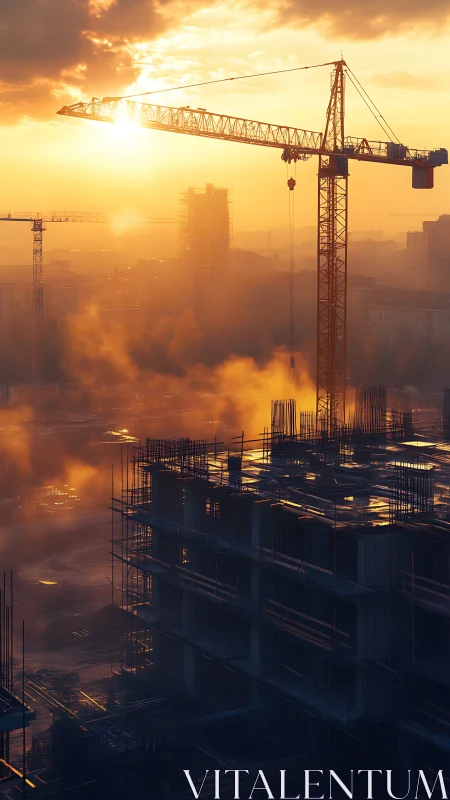 Sunlit cranes scripting a smoky city skyline in ember haze.
