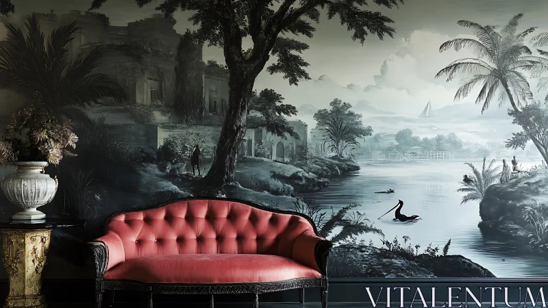Red tufted sofa before monochrome river landscape mural.