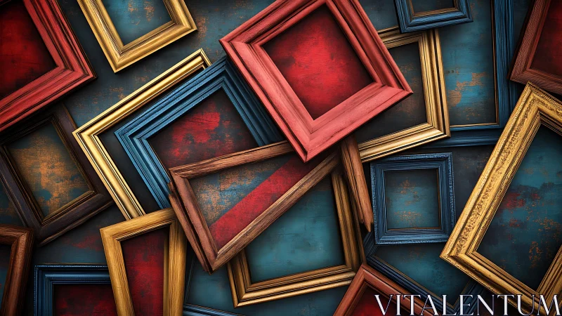 Overlapping empty colored picture frames on textured surface.