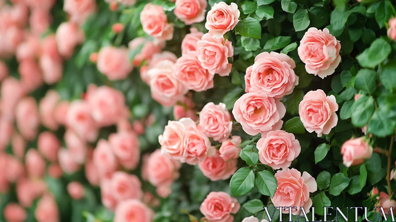 Abundant garden display showcases salmon pink roses in full bloom.
