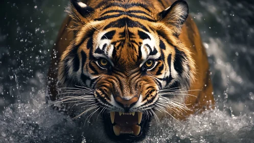 Close frontal view of tiger moving through splashing water.