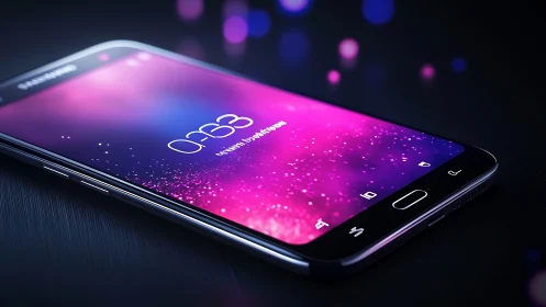 Curved-edge smartphone rests on dark surface under neon bokeh glow