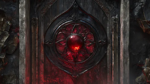 Dark stone gate with glowing red central crystal orb.