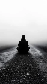 Hooded figure sits on wet road leading into dense fog