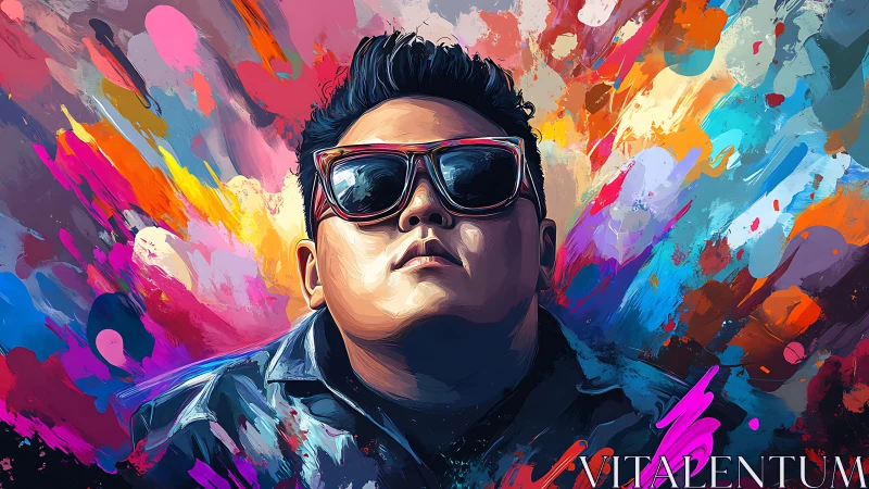 Bold portrait in sunglasses framed by vivid color bursts.