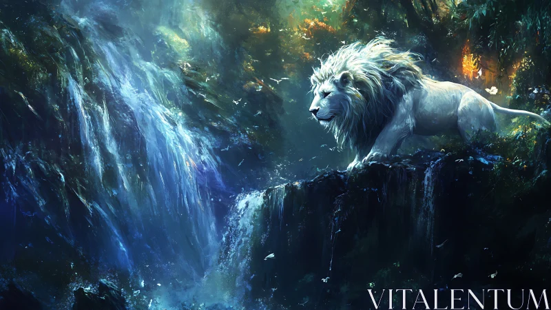 Majestic white lion quietly watches over the glowing falls