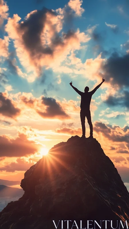 Sunrise summit victor greeting the blazing sky in triumph.