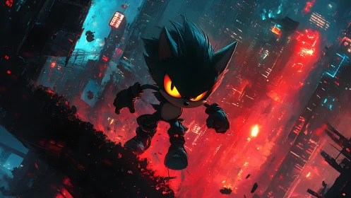 Dark cartoon hedgehog sprinting through neon cyber city