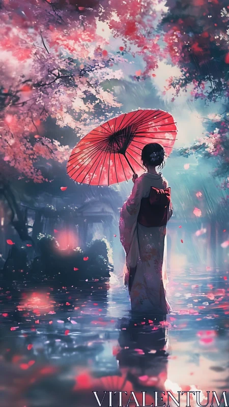 Rainlit kimono figure beneath prismatic sakura canopy.