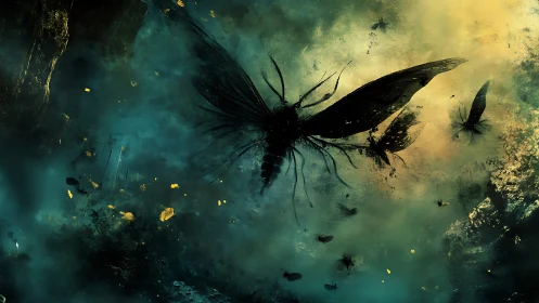 Giant shadowed insect silhouettes drift through smoky light