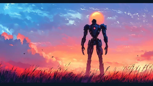 Solitary mech scans neon sunset horizon in glowing field.