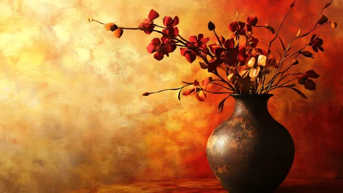 Red flowers in bronze vase glow against warm amber backdrop