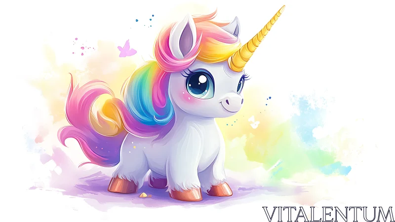 Cute rainbow baby unicorn illustration on white background.