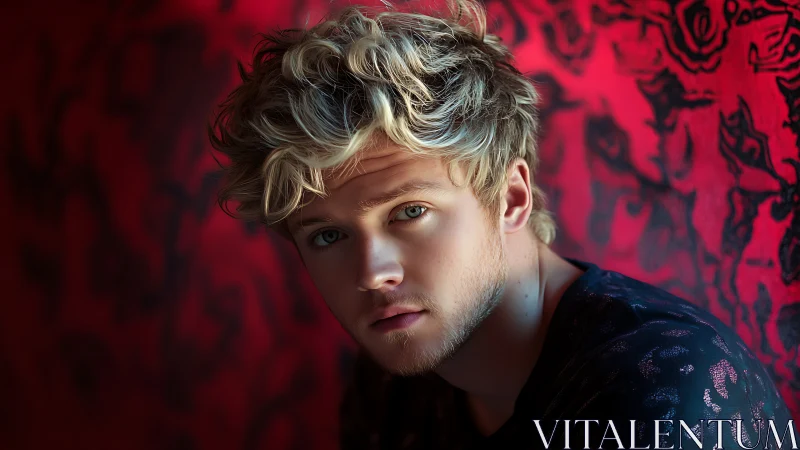 Young man with blond hair gazes forward against red wall
