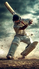 Cricket batter executing front foot stroke on dusty pitch.
