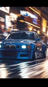 Blue modified BMW drifting through neon city streets.