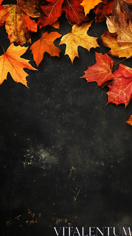 Fallen autumn leaves frame a rustic dark background space