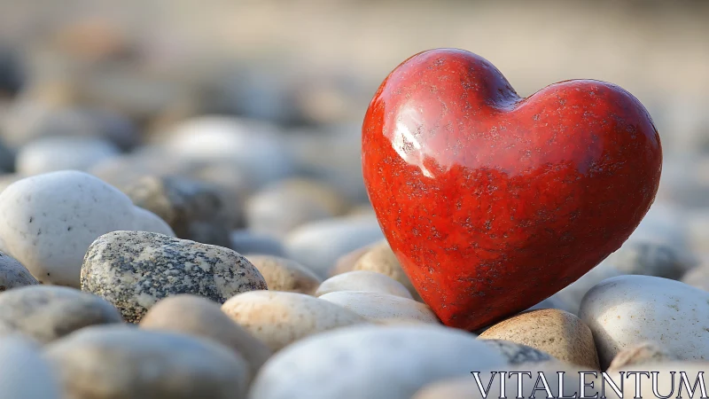 Red heart-shaped stone rests on beach pebbles