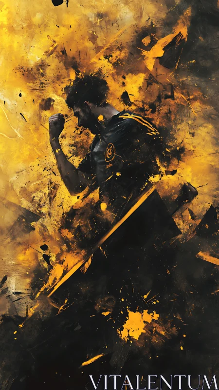 Dynamic male silhouette in explosive yellow digital abstraction.