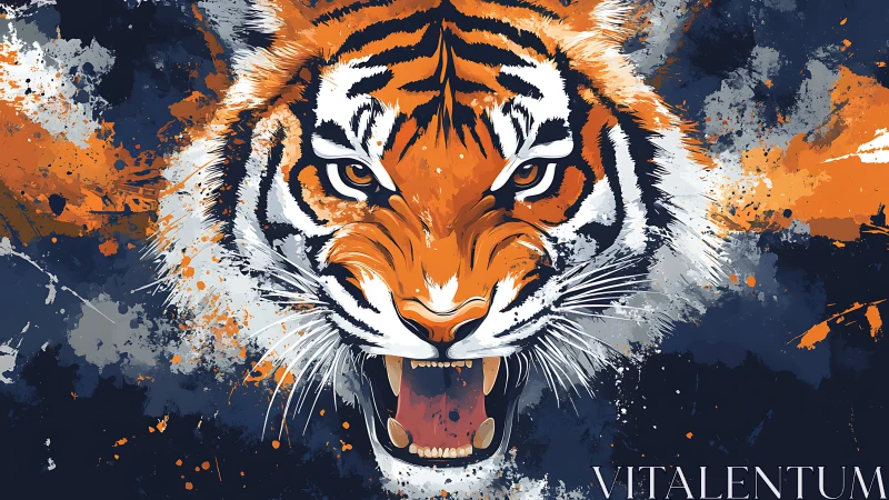 Roaring paintstorm tiger claws through splattered midnight sky