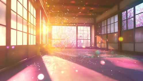 Sunlit tatami hall with volumetric bloom and drifting particles
