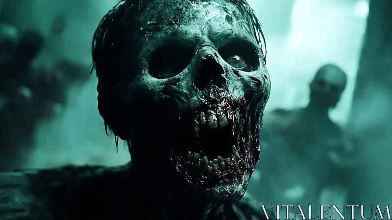 Decayed skeletal humanoid head in dense teal fog scene.