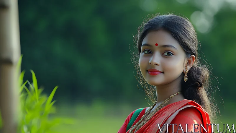 Young girl in red sari with rural green bokeh background