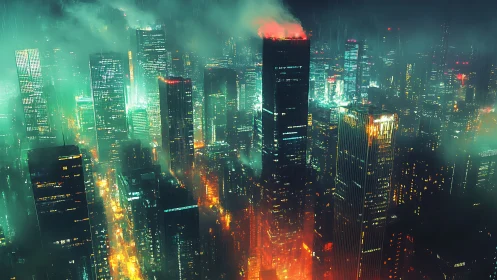 Neon lit skyscraper skyline in dense futuristic night fog.