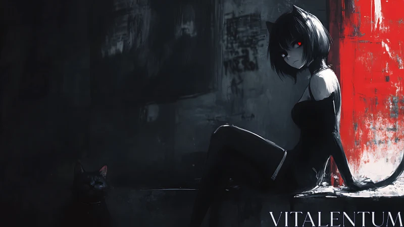 Midnight alley catgirl resting beside a loyal shadow cat.