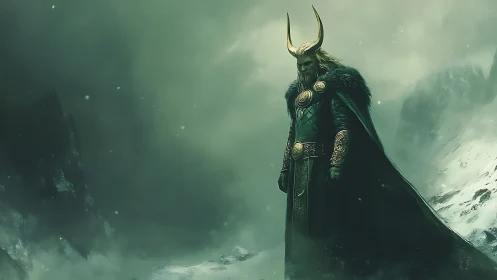 Armored horned sorcerer stands in blizzard-lit glacial ravine