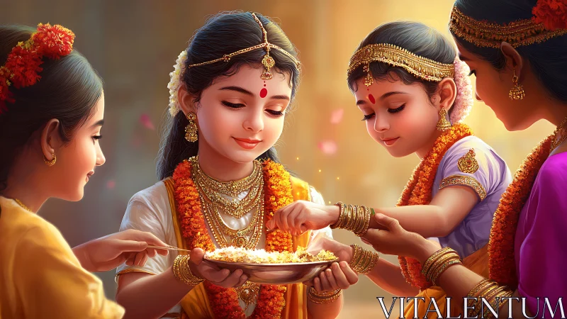 Joyful Indian girls in festive attire sharing traditional food, digital art.