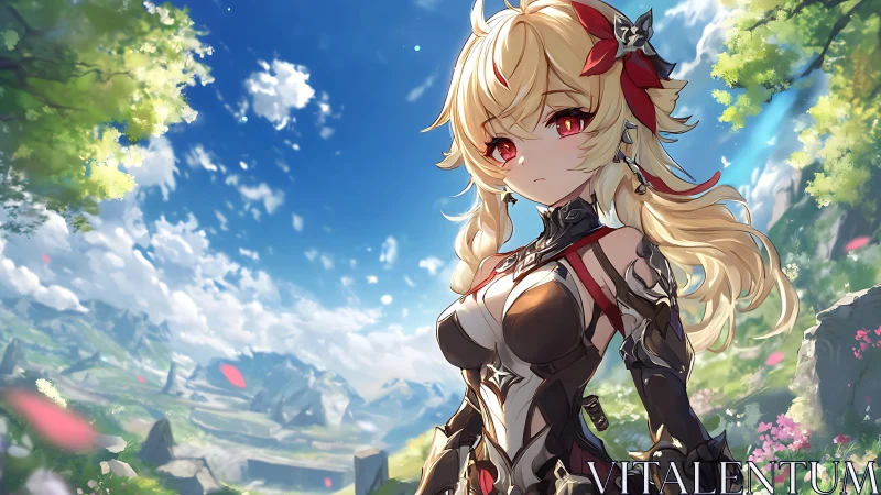 Blonde anime warrior in ornate armor under vivid blue sky.