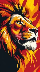 Fiery lion portrait glows with bold, flame-like colors.