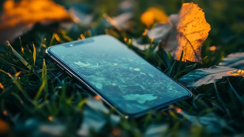 Smartphone resting in autumn grass with gentle golden light.