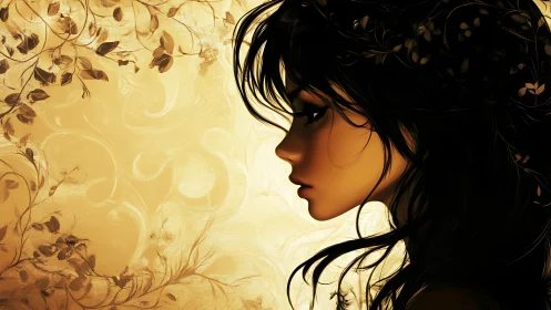Profile portrait of stylized woman against ornamental sepia foliage