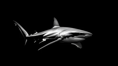 Silver shark gliding through a deep, inky ocean night.