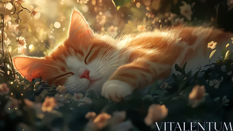 Ginger Cat Resting in Golden Garden Light.