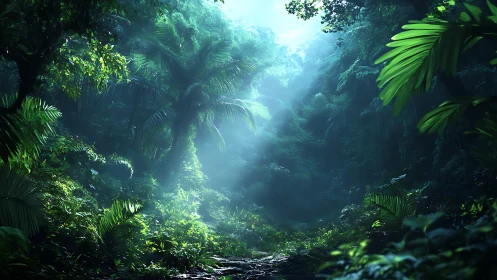 Luminescent Rainforest Canopy with Atmospheric Volumetric Lighting Through Dense Vegetation