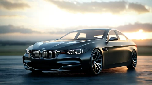 Sleek black performance coupe at sunset on wet track.
