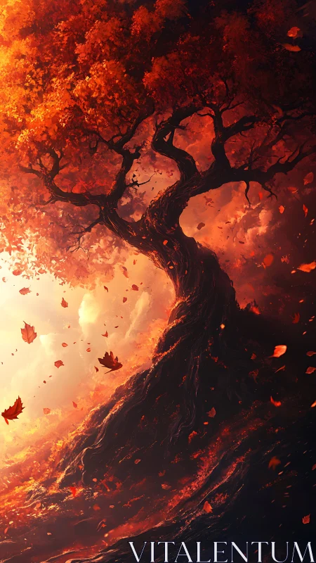 Ember crowned autumn tree swirling in molten sunset sky.