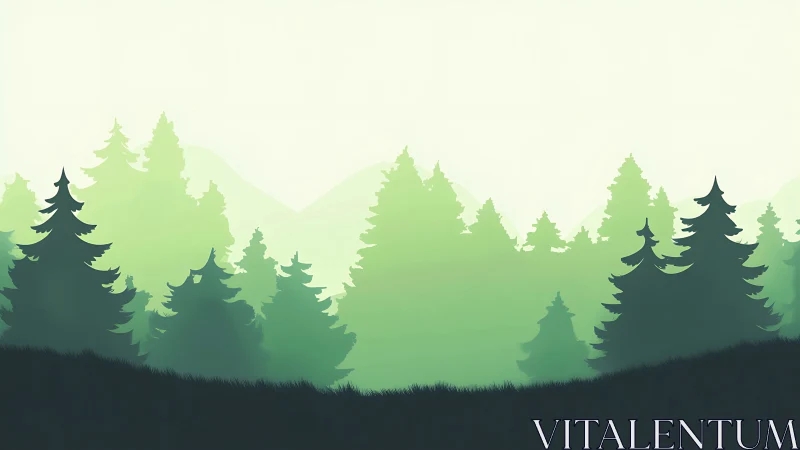 Layered Forest Landscape with Mist and Evergreen Trees