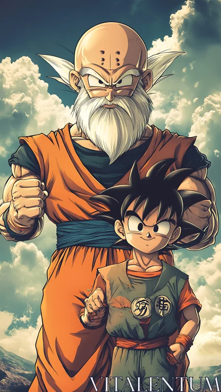 Martial arts master and student in stylized cel-shaded sunlight.