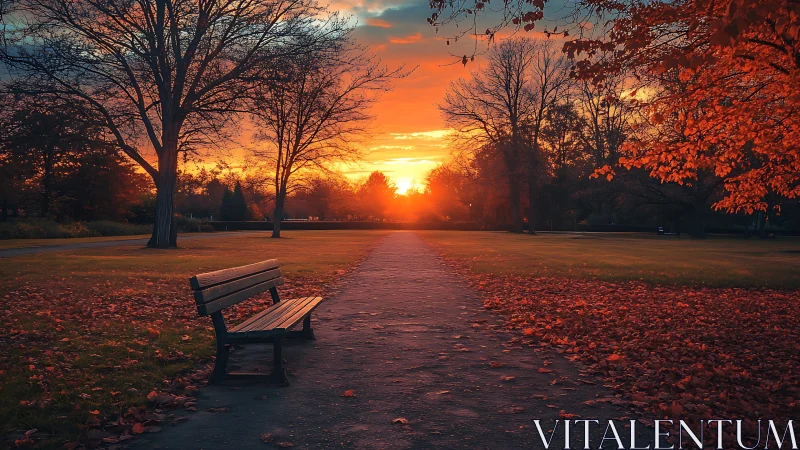 Empty park bench faces glowing autumn sunset horizon.
